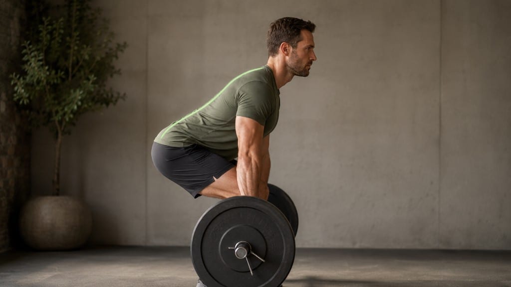 Side profile of a man at the start of a barbell deadlift with the hips hinged back and a neutral spine, the straight back highlighted.