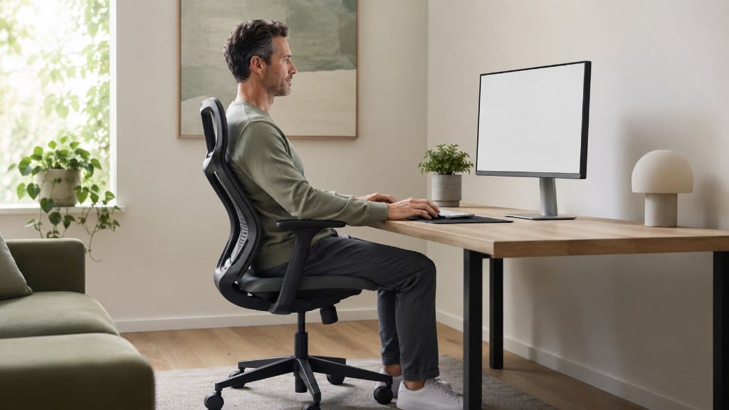 A man sitting with good ergonomics at a desk β feet flat, back supported, shoulders relaxed, and the monitor near eye level.