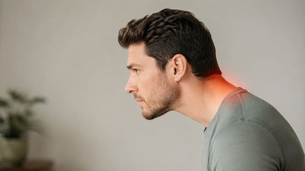 Side-profile close-up of a man whose head juts forward of his shoulders, with the base of the neck highlighted to show strain.