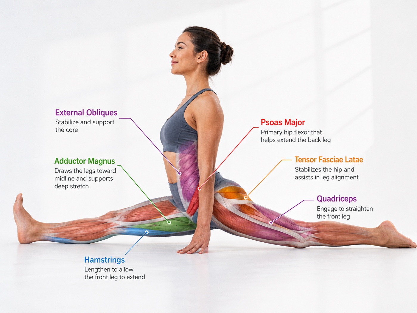 A front split with a muscle map: psoas major and tensor fasciae latae at the hips, adductor magnus and quadriceps, with lengthening hamstrings and external obliques.