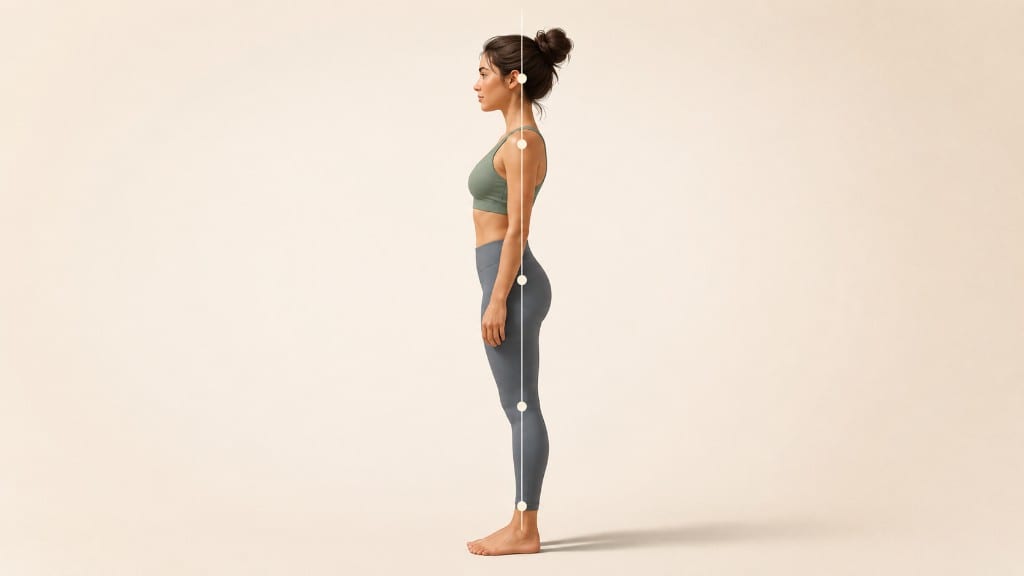 Side-profile illustration of a woman standing tall with a vertical plumb line through the ear, shoulder, hip, just in front of the knee, and just in front of the ankle.