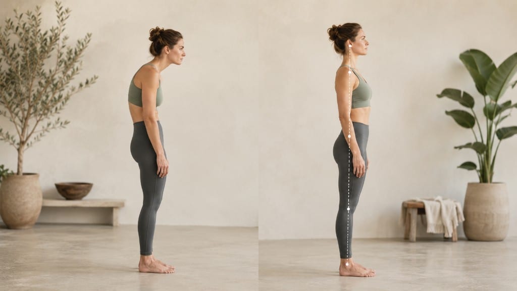A woman shown in side profile before and after — slouched on the left, standing tall and aligned on the right with a vertical plumb line through the ear, shoulder, hip, knee and ankle.