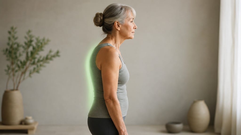 Side profile of an older woman with a rounded upper-back curve, the length of the spine gently highlighted to show the thoracic kyphosis.