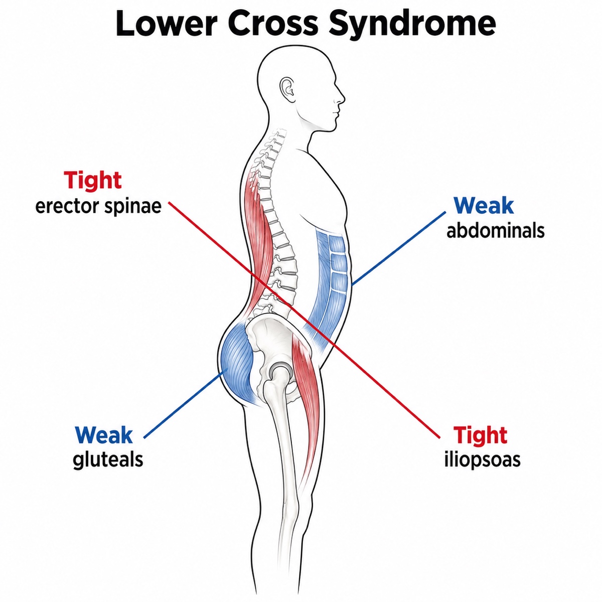 Lower-cross syndrome diagram: tight erector spinae and iliopsoas (red) crossed with weak abdominals and gluteals (blue), producing an anterior pelvic tilt.