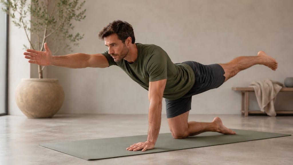 A man performing a bird-dog exercise on a mat, extending the opposite arm and leg with a flat, neutral spine.