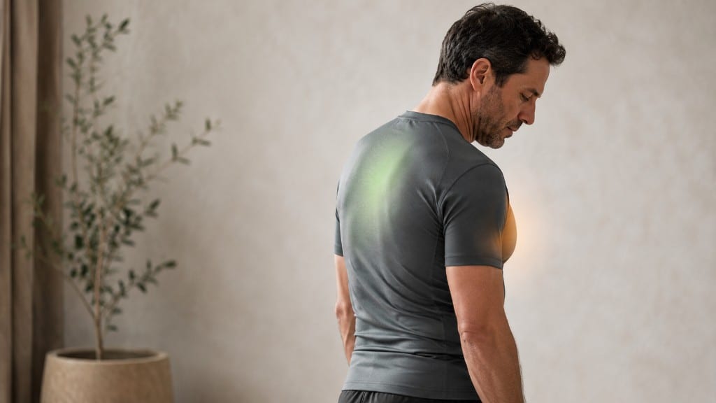 Rear three-quarter view of a man with rounded shoulders β the mid-back highlighted to strengthen and the front of the chest highlighted to release.