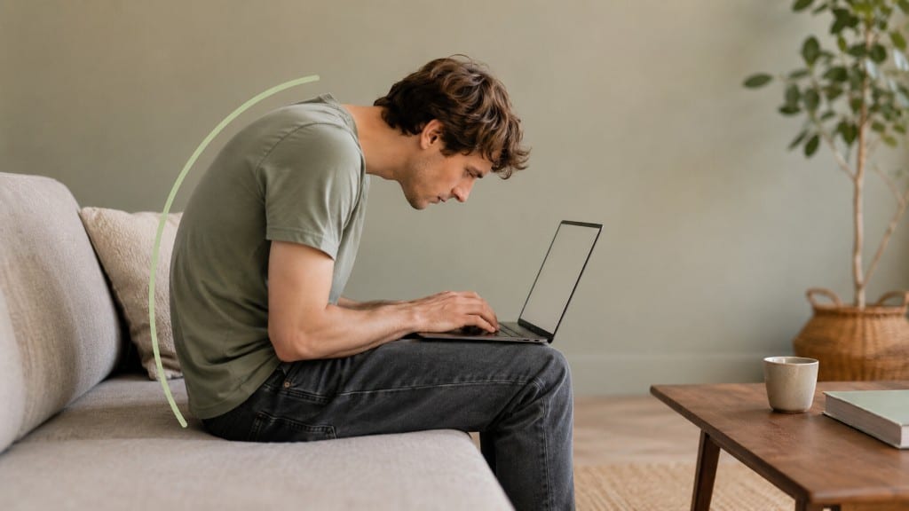 A man curled into a C-shaped slump over a laptop on a low sofa, the pronounced curve of the spine highlighted.
