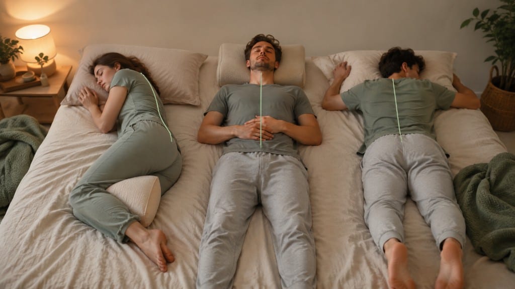 Three sleeping positions on a bed — side-sleeping with a pillow between the knees, back-sleeping with neck support, and stomach (prone) sleeping — with a line along each spine.