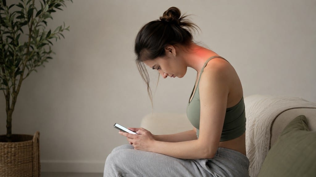 A woman sitting and looking down at her phone with her neck curved forward, the back of the neck highlighted to show strain.