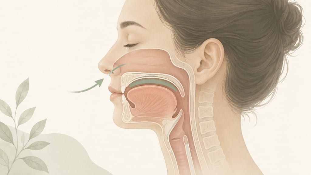 Side-profile medical illustration of the head showing resting tongue posture β the tongue against the roof of the mouth, lips closed, breathing through the nose.