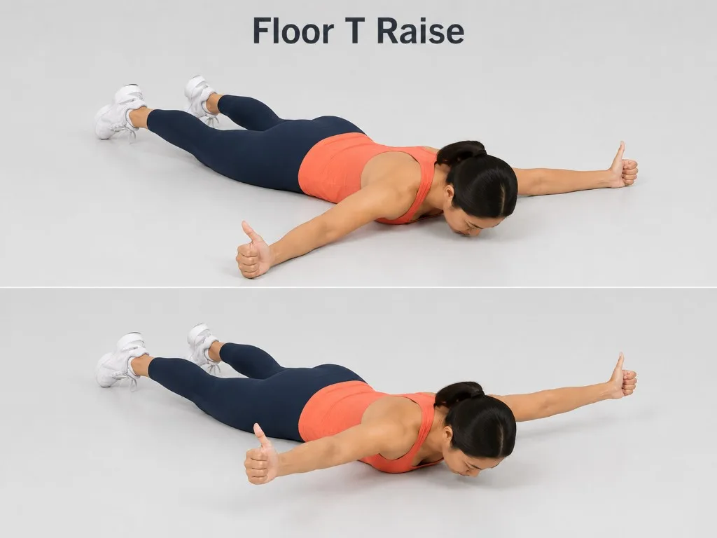 Floor T raise — arms out to the sides to work the mid-back and shoulder blades.