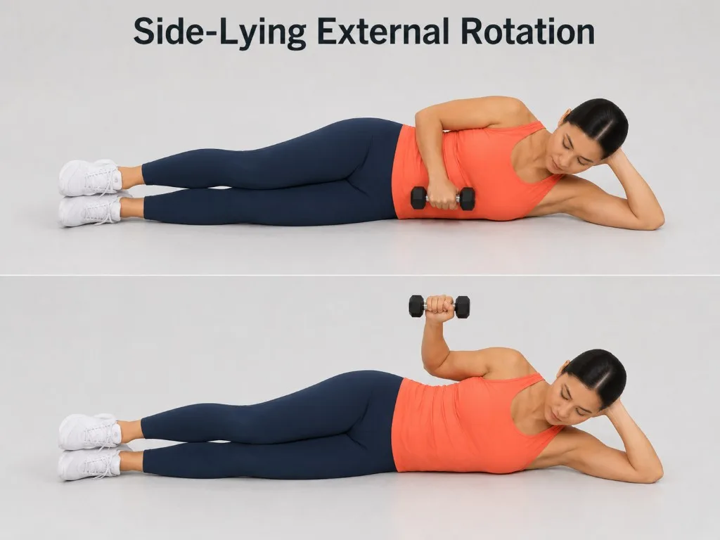 Side-lying external rotation — a light rotator-cuff strengthening exercise.