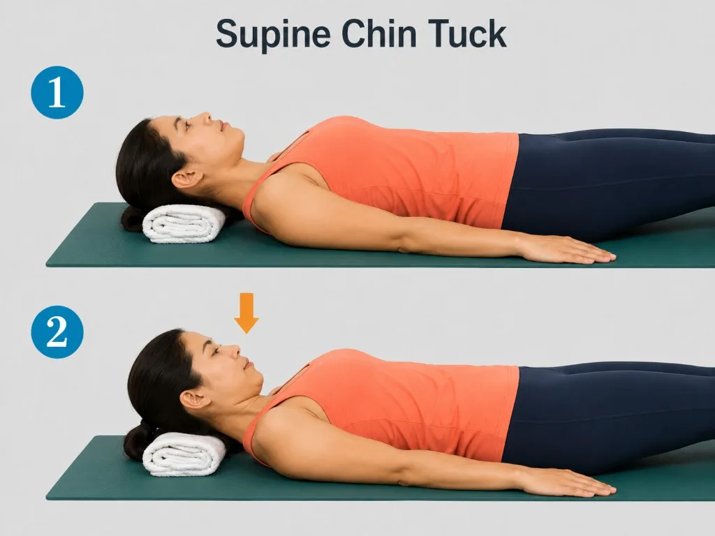 Supine chin tuck — a gentle nod that lengthens the back of the neck.