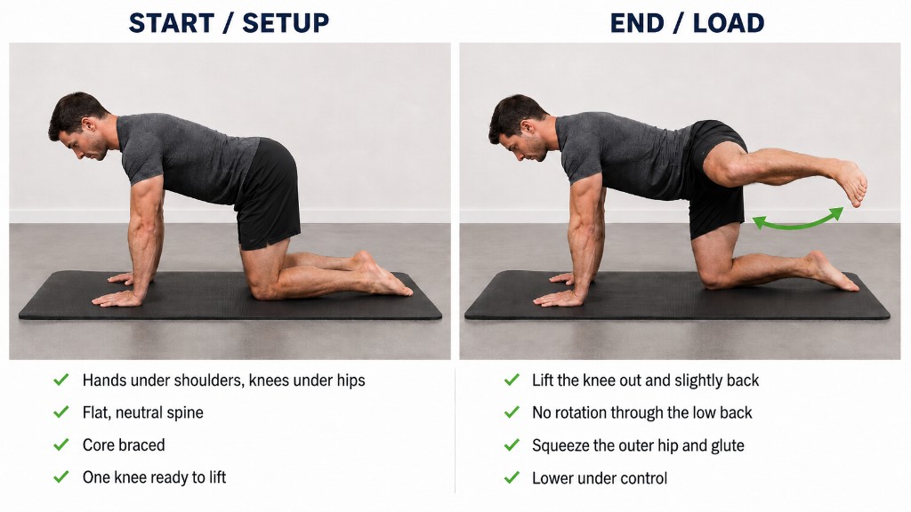 Quadruped Active 4-Point TFL / Hip β start/setup and end/loaded positions