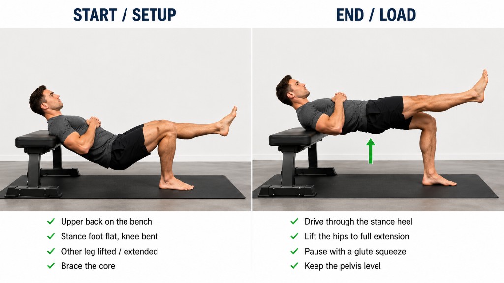 Single-Leg Hip Thrust β start/setup and end/loaded positions