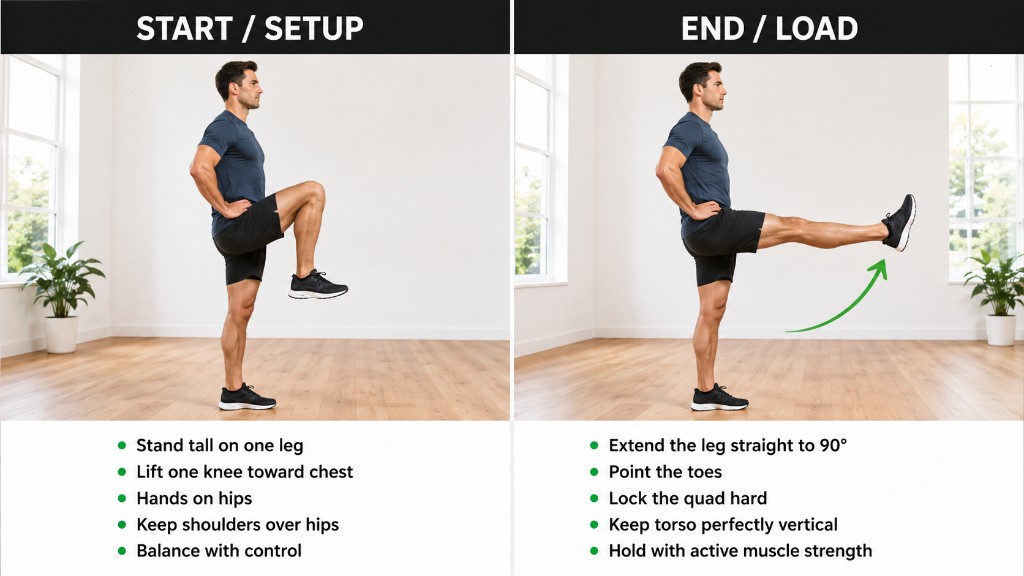 Standing Active Straight-Leg Hold β start/setup and end/loaded positions