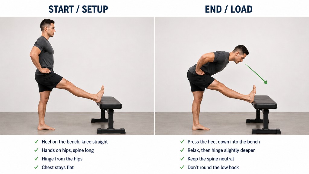 Standing Elevated Hamstring Stretch (Contract-Relax) β start/setup and end/loaded positions