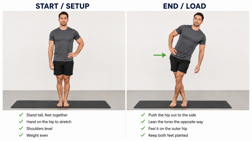 Standing TFL Stretch β start/setup and end/loaded positions